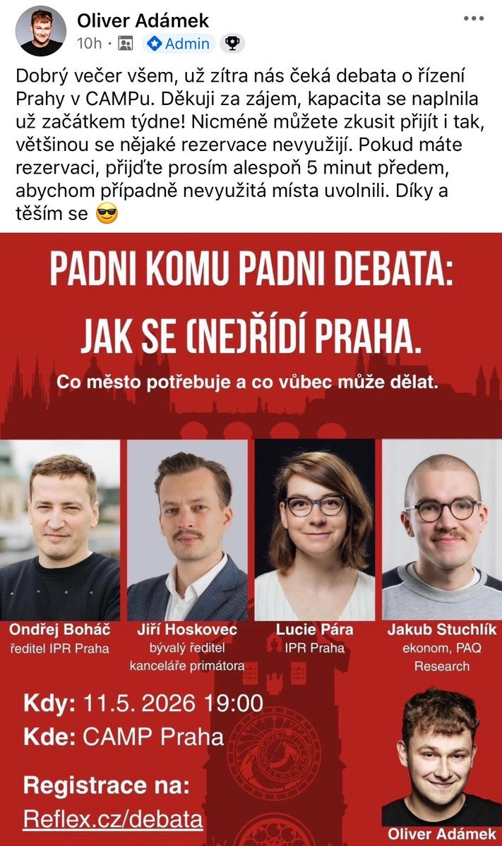 Kdo chce vidět idiota, nechť přijde do ředitelny, a kdo chce vidět, jestli s mou rychlostí řeči Tomáše Portlíka skříženého s Alešem Stuchlým lze mluvit v podcastu (a ještě z něj bude i něčemu o Praze rozumět), nechť přijde dneska v sedm do CAMPu.

Na místě bude ještě volno.