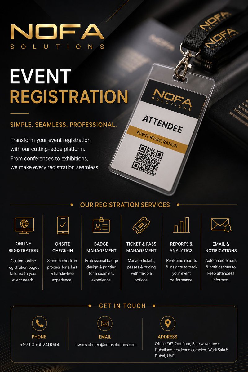 NofaSolutions's tweet photo. Seamless event registration starts here.

From online registration to onsite check-in &amp; badge printing — Nofa Solutions makes every event simple, smart, and professional. ✨

https://t.co/NFS0NWvsbR

#nofasolutions #eventregistration #dubaievent #eventtech #eventsolutions https://t.co/FHmXeBpsnW