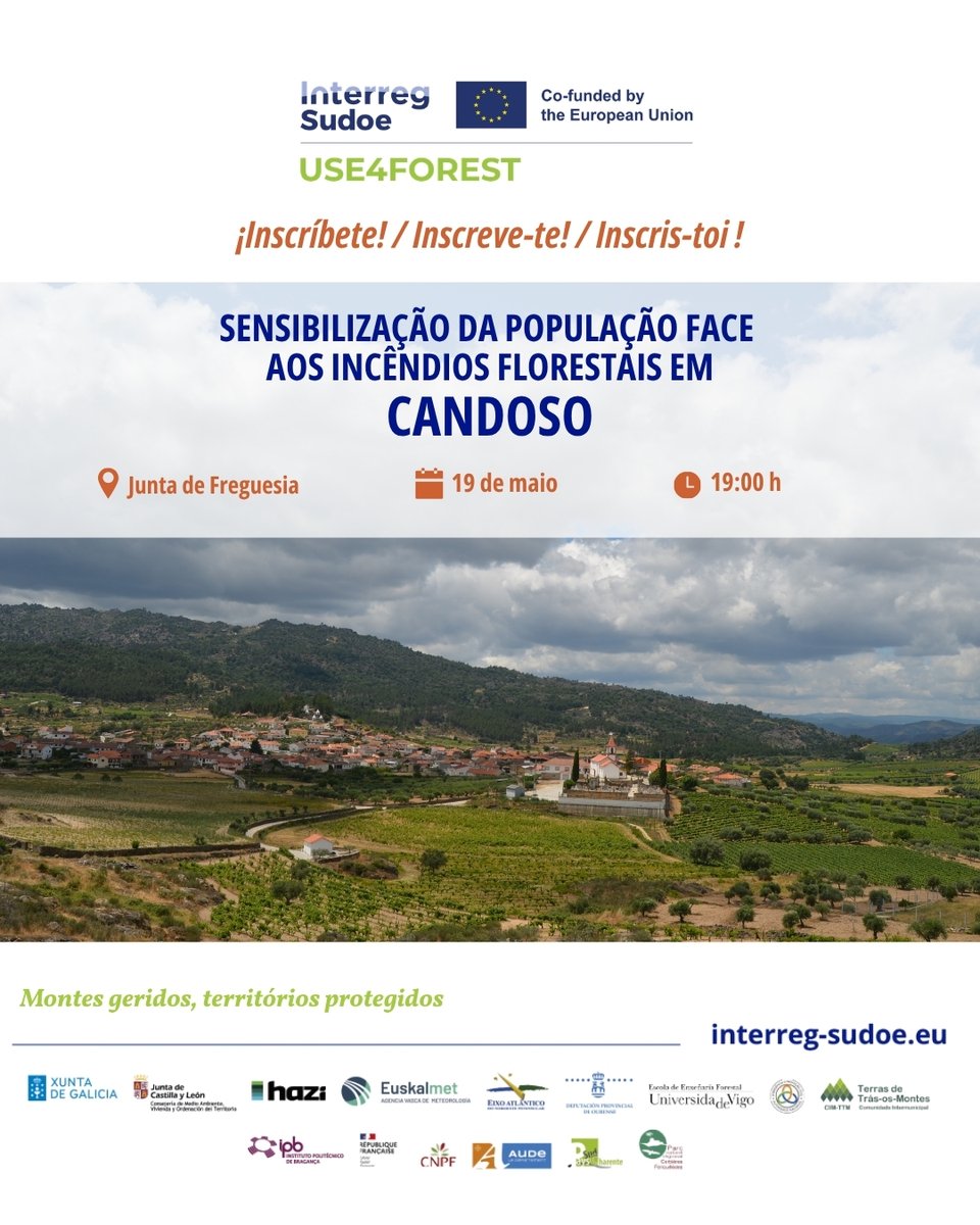 ForestUse470591's tweet photo. 🔥 Acciones de sensibilización en Vila Flor. ¡Acompáñanos! ✍🏼

📍 Candoso. 19 mayo
📍 Seixo de Manhoses. 21 mayo
📍 Freixiel. 31 mayo

👨🏼‍🚒 Formaciones sobre uso del fuego, autoprotección y prevención de incendios.

✉️ geral@cim-ttm.pt https://t.co/0eNURoYiiV
