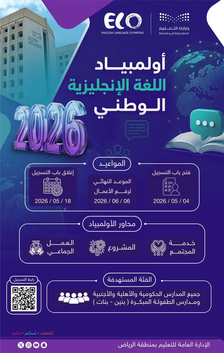 MOE_RYH's tweet photo. #دعوة |
تدعو الإدارة العامة للتعليم بمنطقة الرياض أبناءها الطلاب والطالبات إلى التسجيل في أولمبياد اللغة الإنجليزية الوطني 2026، والذي يهدف إلى تنمية مهارات التواصل والإبداع باللغة الإنجليزية، وتعزيز روح العمل الجماعي وخدمة المجتمع.
رابط التسجيل:
https://t.co/UFgpytyT4a
#تعليم_الرياض