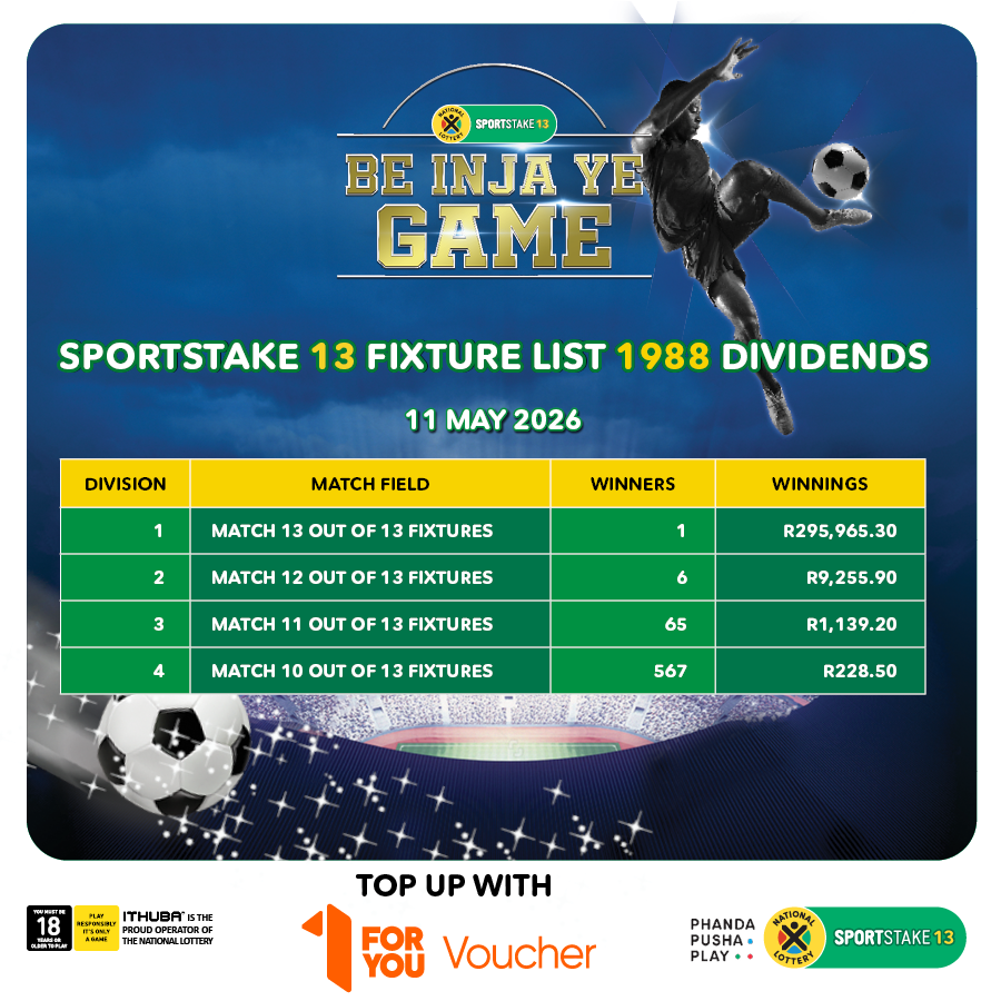 sa_lottery26's tweet photo. Here are the #SPORTSTAKE13 #FixtureResults, #Dividends for list 1988 & #Fixturelist 1989 with an estimated Jackpot of R120,000. Congratulations to the winner of R295,965. You are #InjaYeGame
Players must be 18 years or older, play responsibly. https://t.co/1FKa33xomC