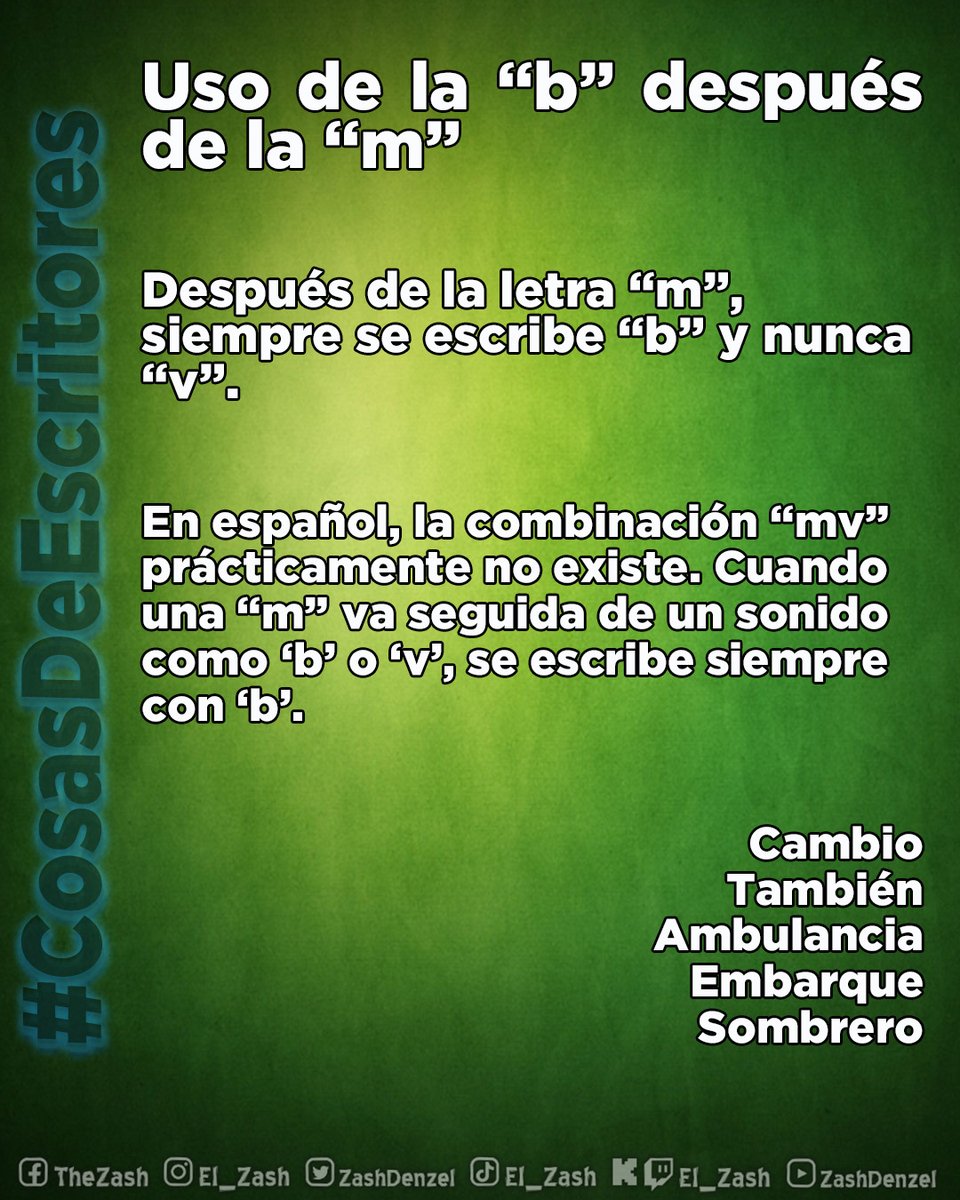 ZashDenzel's tweet photo. #ReglaOrtográfica "mb".
Es una de las reglas más enseñadas en primaria porque ayuda muchísimo a evitar errores ortográficos.
https://t.co/hs3OxasyiH
https://t.co/0k4FTBJrg9

#Ortografía #Cultura #EscribirBien https://t.co/8cXMJaKlhT