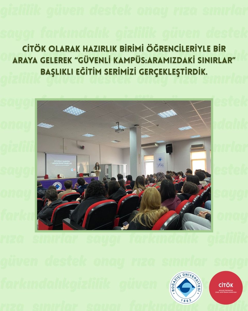 bucitok's tweet photo. Güvenli ve saygılı bir iletişim kültürünü güçlendirmek amacıyla 4-6 Mayıs tarihlerinde CİTÖK Koordinatörü Leyla Şabanoğlu tarafından Boğaziçi Üniversitesi Hazırlık Birimi öğrencilerine yönelik 'Güvenli Kampüs: Aramızdaki Sınırlar' başlıklı eğitim serisi gerçekleştirilmiştir. https://t.co/ZaMEaE0ELh