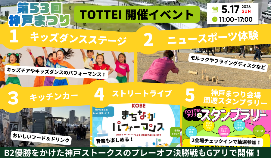tottei_official's tweet photo. 今年の #神戸まつり はTOTTEIも公式会場に！
キッズダンスステージやニュースポーツ体験などのイベントやデジタルスタンプラリーが行われます

ジーライオンアリーナ神戸では、B2優勝を目指す #神戸ストークス のプレーオフファイナル第2戦も！

今週末はぜひTOTTEIへ！
https://t.co/g2oVXe6sgo https://t.co/7JJllxD7Lh