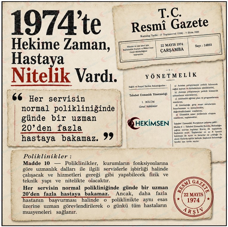 hekimsen's tweet photo. 👉 Mesele nostalji değil, unuttuğumuz o “altın standart”ı hatırlatmak.
📌 1974 yılındaki Tababet Uzmanlık Yönetmeliği net bir sınır çiziyordu: Bir uzman hekim günde en fazla 20 hastaya bakmalıydı. Eğer daha fazla hasta varsa, sistem çözüm olarak “daha çok randevu” değil, “ek uzman görevlendirmeyi” şart koşuyordu.
🩺 Bugün ise aynı uzman hekimin karşısına bir günde 60-80 hasta çıkarılıyor. Dakikalara sıkıştırılmış muayeneler, sistemin başarısı gibi sunuluyor. Oysa hasta sayısı artarken muayene süresi kısalıyorsa, burada başarıdan değil; hem hastayı hem hekimi ezen bir yükten söz edilir.
✅ Bu ilerleme değildir. Bu, sağlık hizmetinin niteliğini zayıflatmak; hastayı da hekimi de tüketmektir.
🩺 Hekimsen Sendikası olarak talebimiz nettir: Hekimlere insani çalışma koşulları sağlanmalı, hasta muayene sayıları tıbbi hizmetin niteliğini koruyacak şekilde sınırlandırılmalı ve ihtiyaç halinde ek uzman görevlendirilmelidir.
#NitelikliSağlık #HekimeZaman 
https://t.co/jDyFnPH6PZ