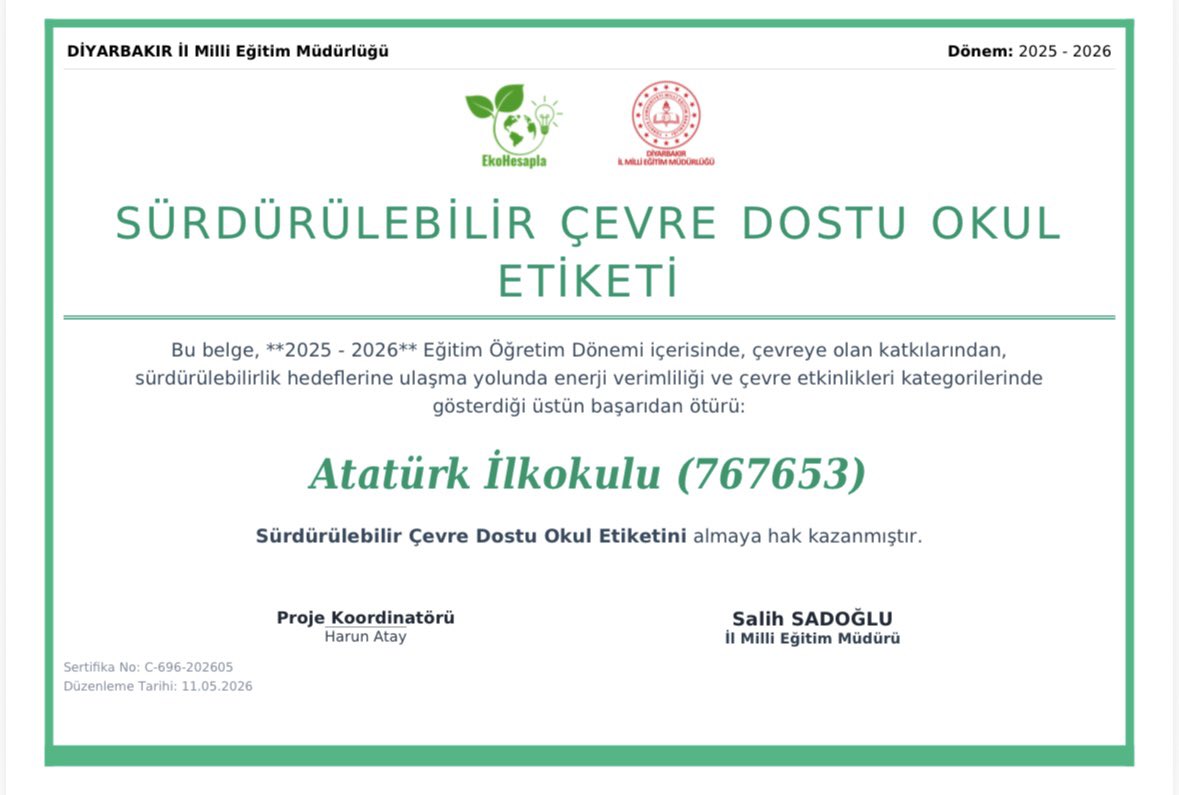 Ataturkio's tweet photo. Okulumuz, çevre bilinci ve sürdürülebilirlik alanındaki çalışmalarıyla “Sürdürülebilir Çevre Dostu Okul Etiketi” almaya hak kazanmıştır. 🌿♻️

Doaya duyarlı, bilinçli ve sürdürülebilir bir gelecek için emek veren tüm öğretmenlerimize, öğrencilerimize ve velilerimize teşekkür ederiz.
Daha yeşil bir gelecek için çalışmaya devam edeceğiz. 💚

@tcmeb 
@Yusuf__Tekin 
@Diyarbakirmem 
@sadoglu_salih 
@cinarkaymakamlk 
@Z_Erdogan53 
@mebcinarmem 
@ysfgzl0 
@hkaya21