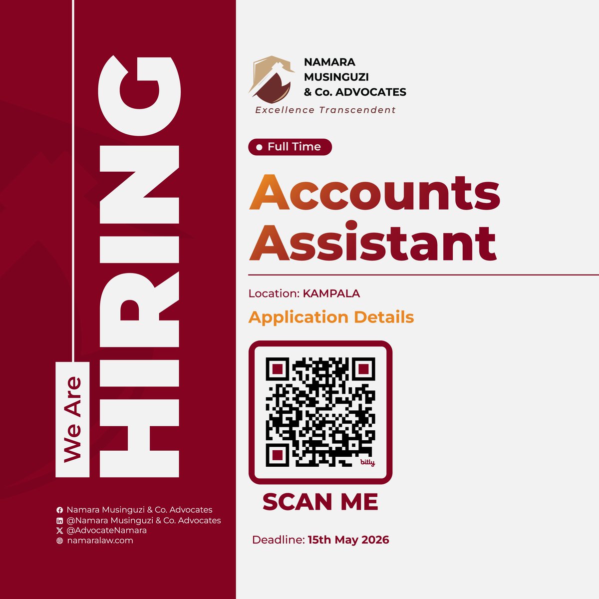 AdvocateNamara's tweet photo. WE ARE HIRING

ACCOUNTS ASSISTANT
We are seeking a highly organized and detail-oriented Accounts Assistant to support our finance team and ensure the smooth management of financial operations.

Deadline: 15th May, 2026
Apply Now: https://t.co/ZxHzcq0DKf https://t.co/czQphZSemS