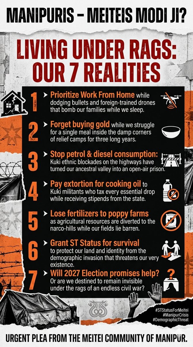 IndianMeitei's tweet photo. Our plea to Modi Ji.
For 3 years we are doing all that and more yet with no hope.
Will 2027 Election promise to help us?
Living under rags: 7 harsh realities. #STStatusForMeitei #ManipurCrisis https://t.co/W3OHZvj6mU