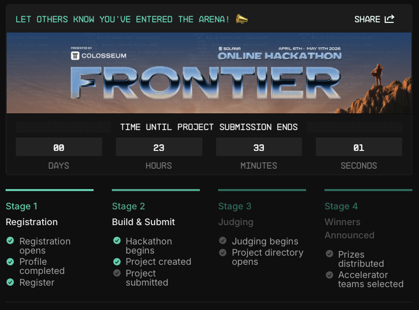SuperteamINDO's tweet photo. Frontier closes 12 May 2026 13.59 WIB.
National Campus Hackathon closes 12 May 2026, 18:59 WIB

The only submission that definitely doesn't win is the one you didn't send. If your project is ready, submit now. If it's not ready, submit anyway. No more reasons to wait, what’s your excuse?

https://t.co/b45t7cJorq
https://t.co/ivzuPyT1A0

#flexyourbuild