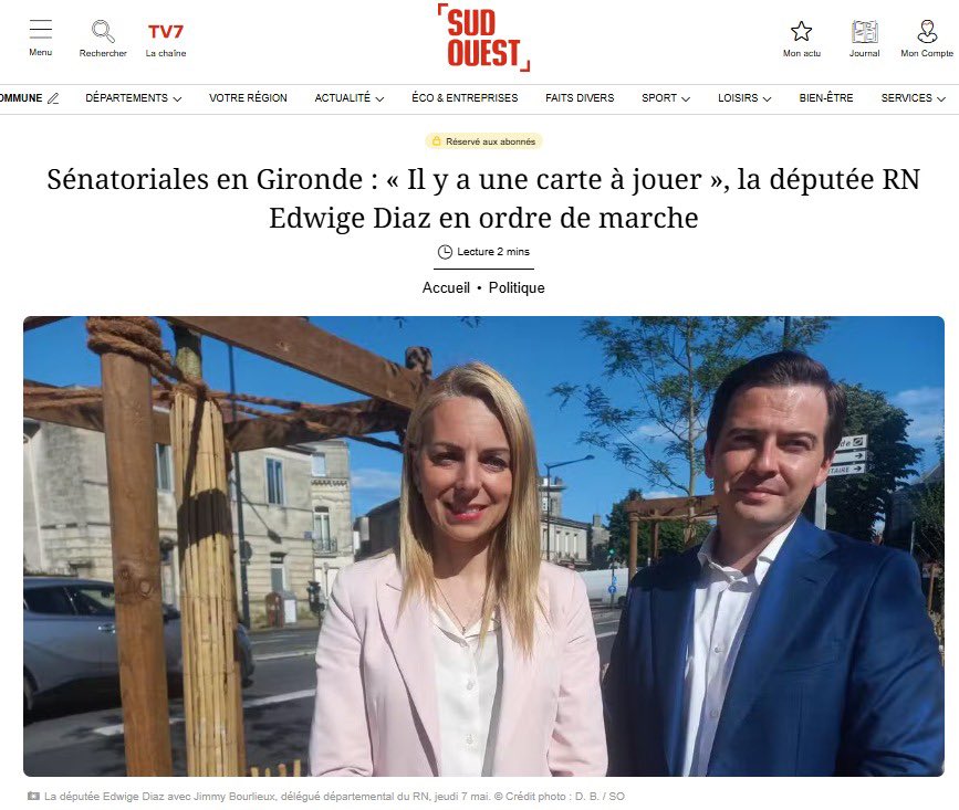 🔵Candidate aux sénatoriales en Gironde, je lance un appel :

➡️ aux élus sympathisants du RN pour qu’ils soient grands électeurs

➡️ aux maires pour qu’ils tiennent compte, lors de la désignation des grands électeurs, des résultats du <a href="/RNational_off/">Rassemblement National</a>.

👉 sudouest.fr/politique/sena…