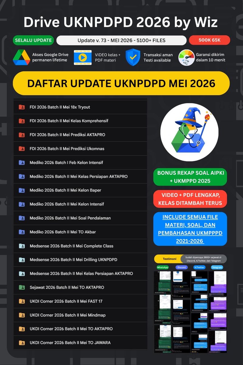 ukmppd2026's tweet photo. 📣 DRIVE UKNPDPD MEI 2026 UPDATE 5100+ FILES🔥

⭐️KELAS MATERI: UKDI, Medsense, FDI, Mediko
⭐️Tryout/Prediksi AKTAPRO/UKNPDPD (PDF+VIDEO):
🔹Medsense 
🔹Mediko 
🔹FDI 
🔹Sejawat
🔹UKDI
⭐️OSCE: Tilik+Resep+VIDEO

❤️ PROMO 65K 
➡️ Testi✅
WA untuk order 📲
https://t.co/Z0l2quT7JW https://t.co/IJ98DxbZxW