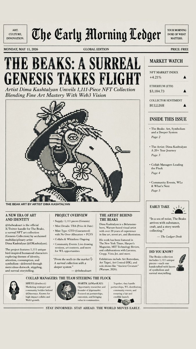 AkYaseerrr's tweet photo. BREAKING: THE BEAKS SPOTTED EARLY 🗞️

The flock has officially entered the headlines.

“The Beaks” by @DKashtalyan is taking flight with a surreal 1,111-piece Genesis collection blending fine art, symbolism, and Web3 culture into one unforgettable world.

From the walls… to the market. 🦩
Early collectors are already circling.

@thebeaksart isn’t just dropping NFTs they’re building a story worth collecting. 📰