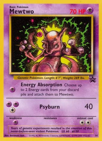 kantotimes's tweet photo. Black Star Promo #14 — Mewtwo 🧠

Released on March 21, 2000 as part of the WOTC Black Star Promos.
This card was distributed with the home video release of Mewtwo Strikes Back. https://t.co/7oM1UKAzUv