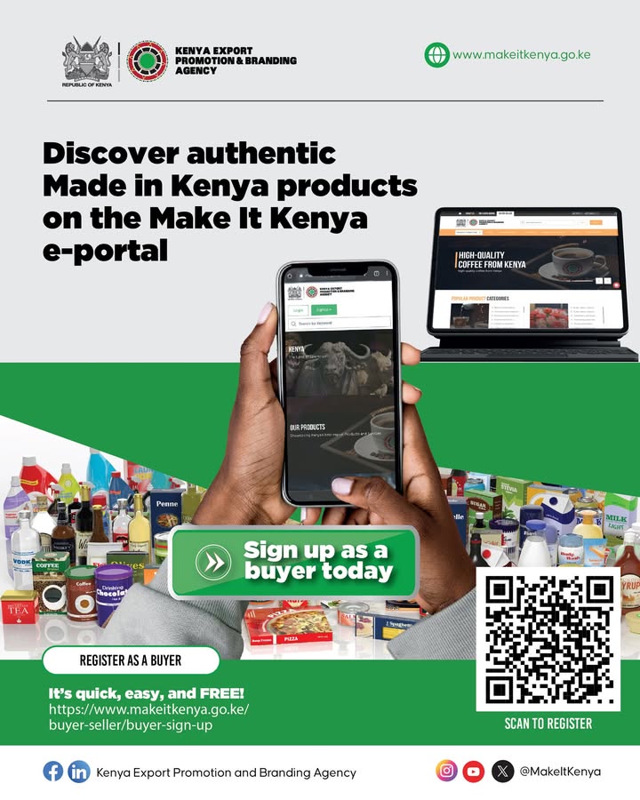 MakeItKenya's tweet photo. Are you a buyer looking for reliable suppliers and high-quality products from Kenya?

Discover the best sourcing opportunities by signing up as a buyer on the #MakeItKenya e-portal: https://t.co/HbSqqZF1gY to access a wide range of suppliers.

#ExportAgendaKE
@MITIKenya @Trade_Kenya