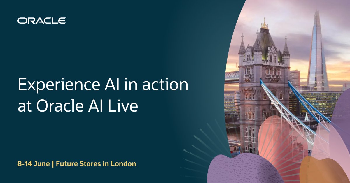 1IanRowley's tweet photo. Explore what's next in AI. At @Oracle AI Live, each day will spotlight a different industry and offer a variety of ways to learn. 

Register to attend this immersive experience during London Tech Week: https://t.co/EkM2wOuVuM https://t.co/Y3ePaJDeMN