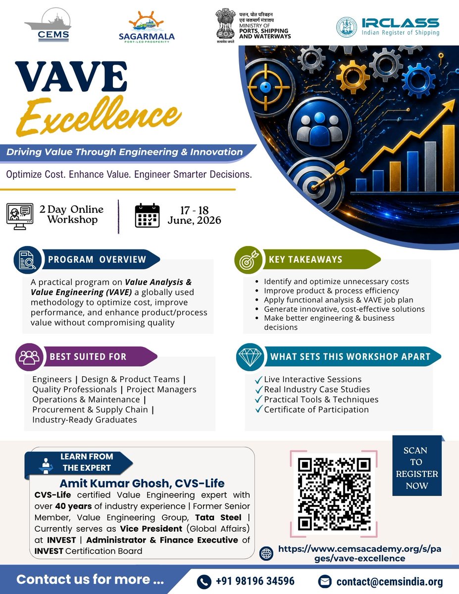 cems_in's tweet photo. 📢 Join CEMS’ 2-Day Online Workshop on VAVE Excellence and gain practical insights into value engineering, FAST techniques, and cost optimization.

📅 17–18 June 2026 | Online
🔗 https://t.co/bJhd0t9l9y

#CEMS #VAVE #ValueEngineering #EngineeringInnovation https://t.co/8wkYdp4XxT
