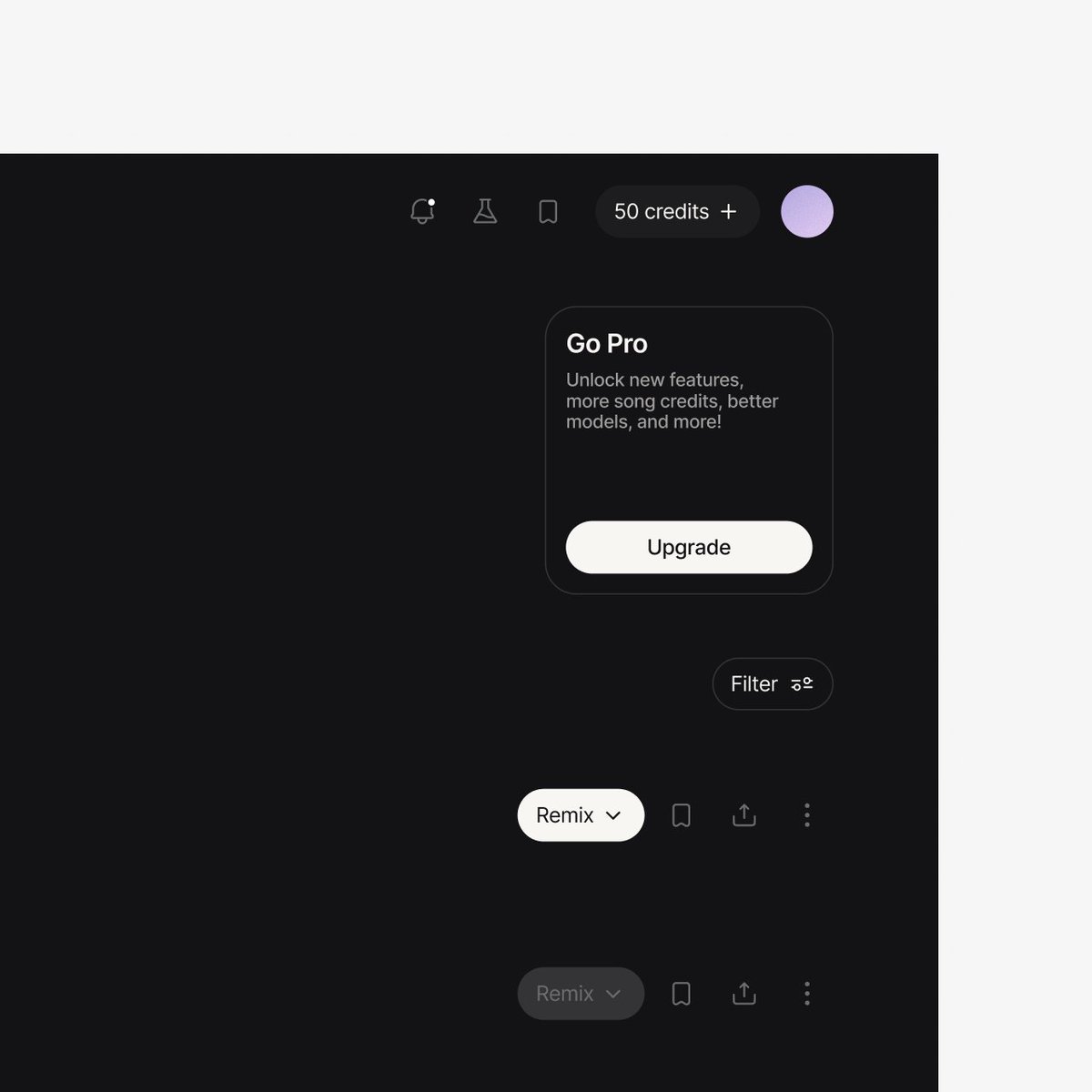 PostiauxCharles's tweet photo. Redesign concept of @suno.

The product is genuinely great. I wanted to give a different take on song discoverability and creation.

Sidebar became a top bar, kept the upsells and credits always visible, and refined the navigation experience to add more hierarchy. https://t.co/W1rDRuG9cp