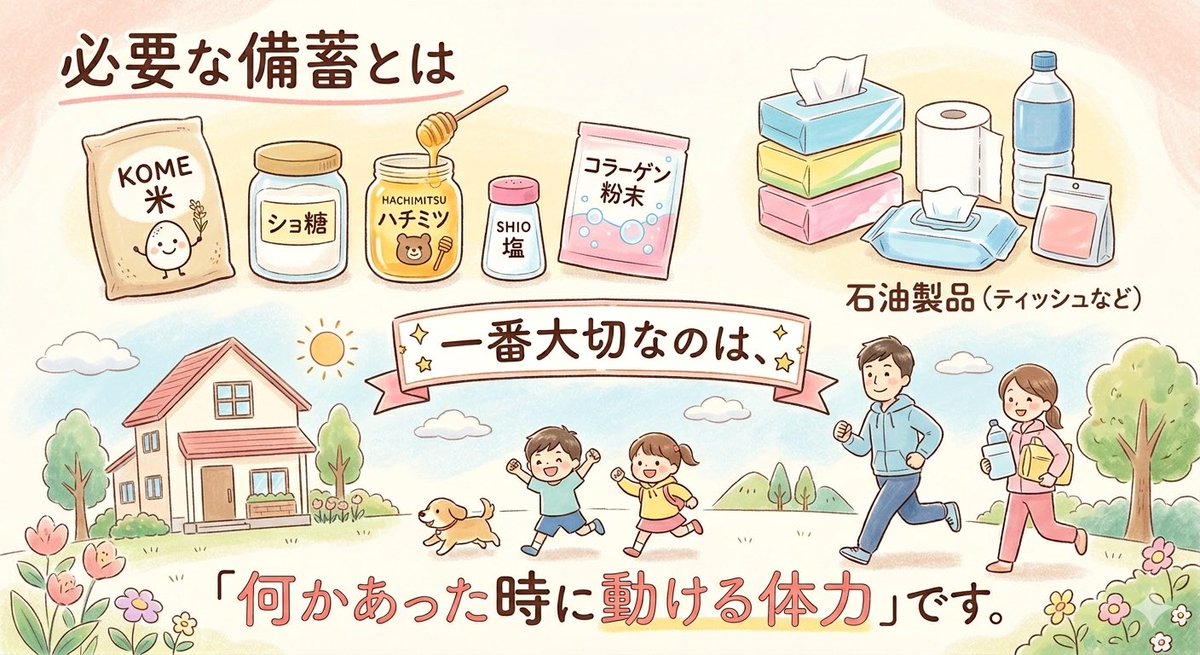 nanakomaru1011's tweet photo. 崎谷先生が仰る必要な備蓄。

米、ショ糖、ハチミツ、塩、コラーゲン粉末。
そして、ティッシュなどの石油製品。

これらは最低限必要。

そして一番大切なのは、
「何かあった時に動ける体力」

いま必要なのは、
「安心したい」という気分ではなく、
「備える」という知性です。 https://t.co/RA7ds0L8t5