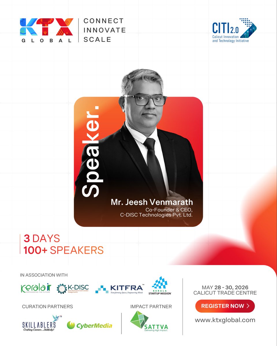 ktxglobal's tweet photo. We’re delighted to welcome Mr. Jeesh Venmarath, Co-Founder &amp; CEO of C-DISC Technologies Pvt. Ltd., to KTX Global 2026.

Don’t miss the opportunity to hear from him at KTX Global 2026.

📆 May 28-30, 2026
📍 Calicut Trade Centre, Kozhikode
🔗 https://t.co/9Mg8DLQzzx https://t.co/t0cenTEWJV