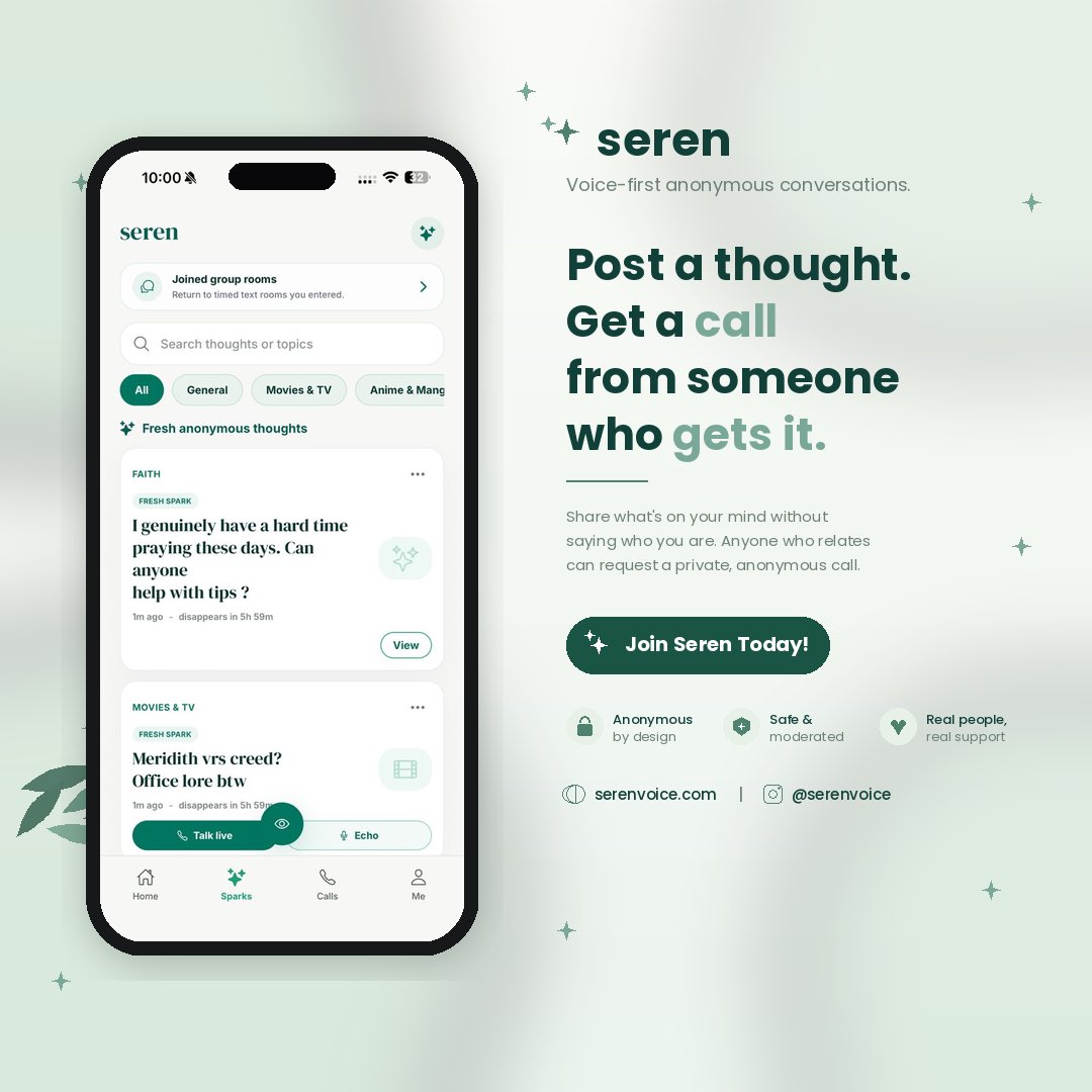 nanayaap1's tweet photo. what if the right person called just to listen?
that’s seren.
post anonymously. get a call from someone who actually gets it. 20 minutes. then gone forever.
Test Seren today : https://t.co/vb3HqDl1hG https://t.co/xsdsVRtm8j