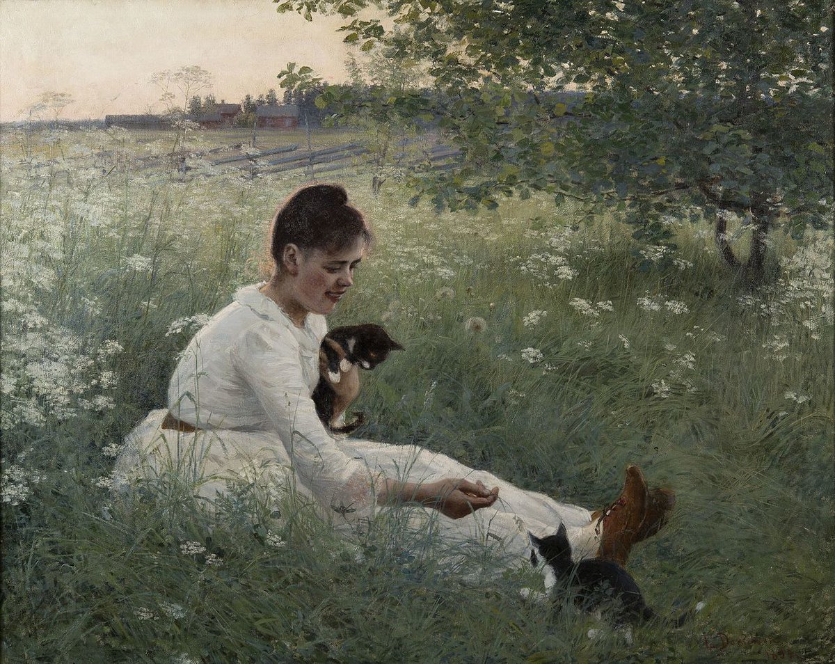 wikivictorian's tweet photo. Girl with cats in a summer landscape, by Finnish painter Elin Danielson-Gambogi (1892). UPM-Kymmene Cultural Foundation. https://t.co/IdPPiiDZ0c