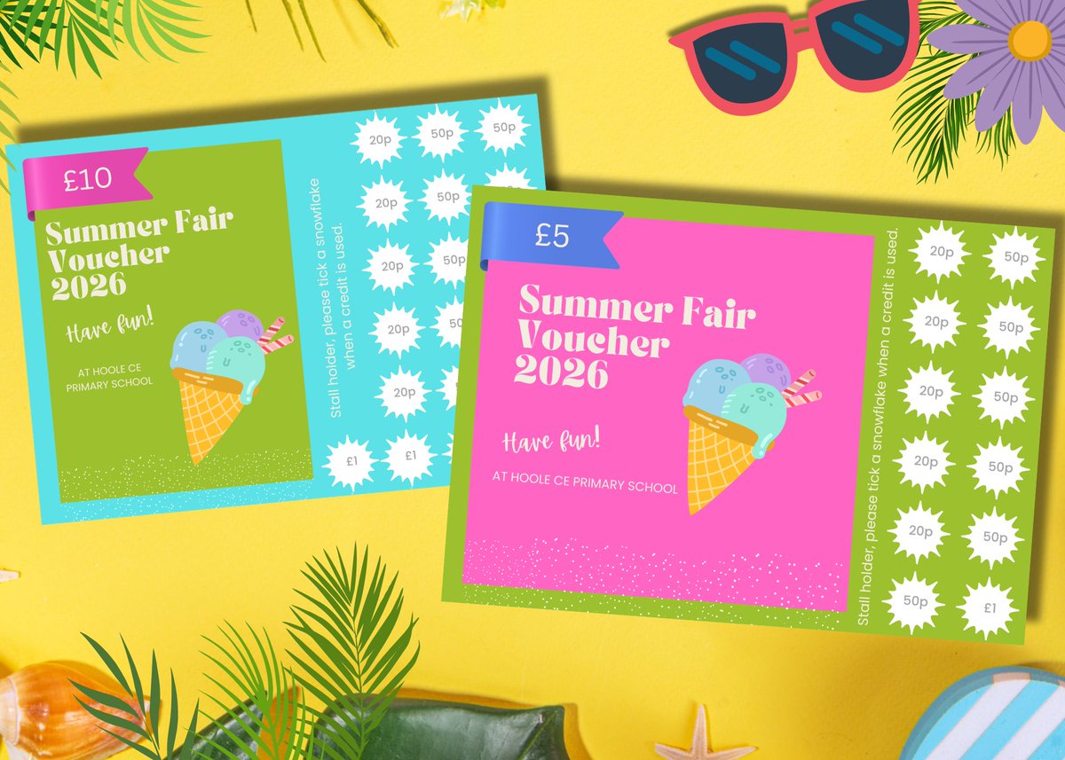 HooleCEPrimary's tweet photo. Parents and carers can now buy a Summer Fair Voucher Card to use at the special event!
Voucher Cards contain different amounts (eg 20p, 50p) which will be stamped by the Stall Holders &amp; will save your child having to carry the cash around. The voucher card is valid any stalls. https://t.co/C7ZDpHSXmT