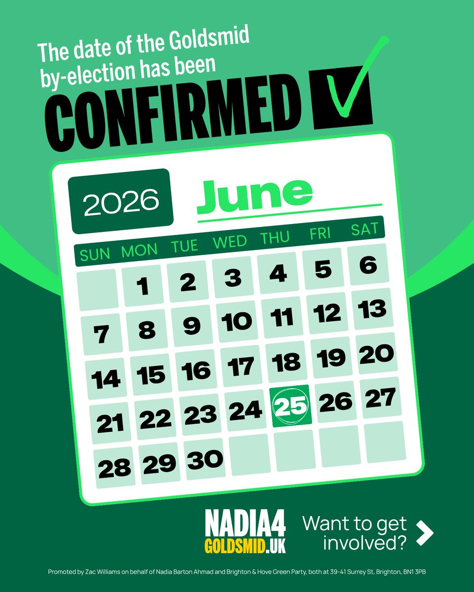 BHGreens's tweet photo. It's confirmed! The Goldsmid by-election will take place on 25th June.

But first... Time to get involved this week!

Find out more at https://t.co/JKX2ZP0lOk. https://t.co/8qE1m67HnW