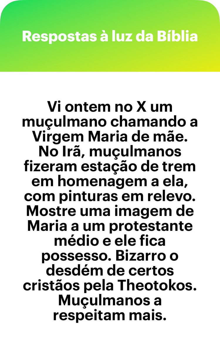 nozima's tweet photo. SOLI DEO GLORIA: glória a Deus somente

“Convém que ele cresça e que eu diminua.” (João 3:30)

1. Em João 3, os discípulos de João Batista se queixam de que todos estavam indo atrás de Jesus e abandonando João. A resposta dele: tudo bem. O papel de João era exaltar a Cristo. Era conveniente e necessário que João diminuísse para que Jesus aumentasse.

2. O verdadeiro termômetro de uma igreja verdadeira é o quanto Jesus é exaltado e não o quanto Maria é exaltada. O mesmo muçulmano que você elogia é aquele que recusa a chamar Jesus de Deus. E isso deveria importar mais para você, católico, do que o grau de devoção mariana de uma igreja.

3. O risco de mariolatria é o motivo pelo qual protestantes falam tão pouco de Maria. Como católicos rezam a ela, rezam mais a ela no terço do que ao próprio Pai e atribuem a ela títulos que a Bíblia atribui a Jesus, é preciso cautela para não piorar uma devoção que é excessiva.

4. A Bíblia não dá a Maria o destaque que católicos e ortodoxos dão. E, se a própria Maria ressuscitasse hoje e pudesse falar ao mundo inteiro, tenho certeza de que ela faria coro com João: “convém que Ele cresça e eu diminua”.

5. E, embora lamentavelmente nem todo evangélico seja assim, os protestantes creêm que ela é Mãe de Deus (Theotokos). Ao menos as igrejas históricas sérias afirmam isso.
