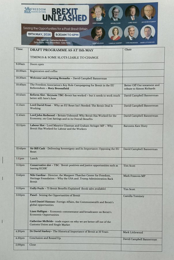 tfa4freedom's tweet photo. 'Brexit Unleashed' conference, May 19th in Westminster- draft programme is below.
We hope you can join us in saying NO, NO, NO! to 'Starmer the sovereignty harmer', tickets here: https://t.co/eA2CvLOLUj https://t.co/f2Rd5MqPzv