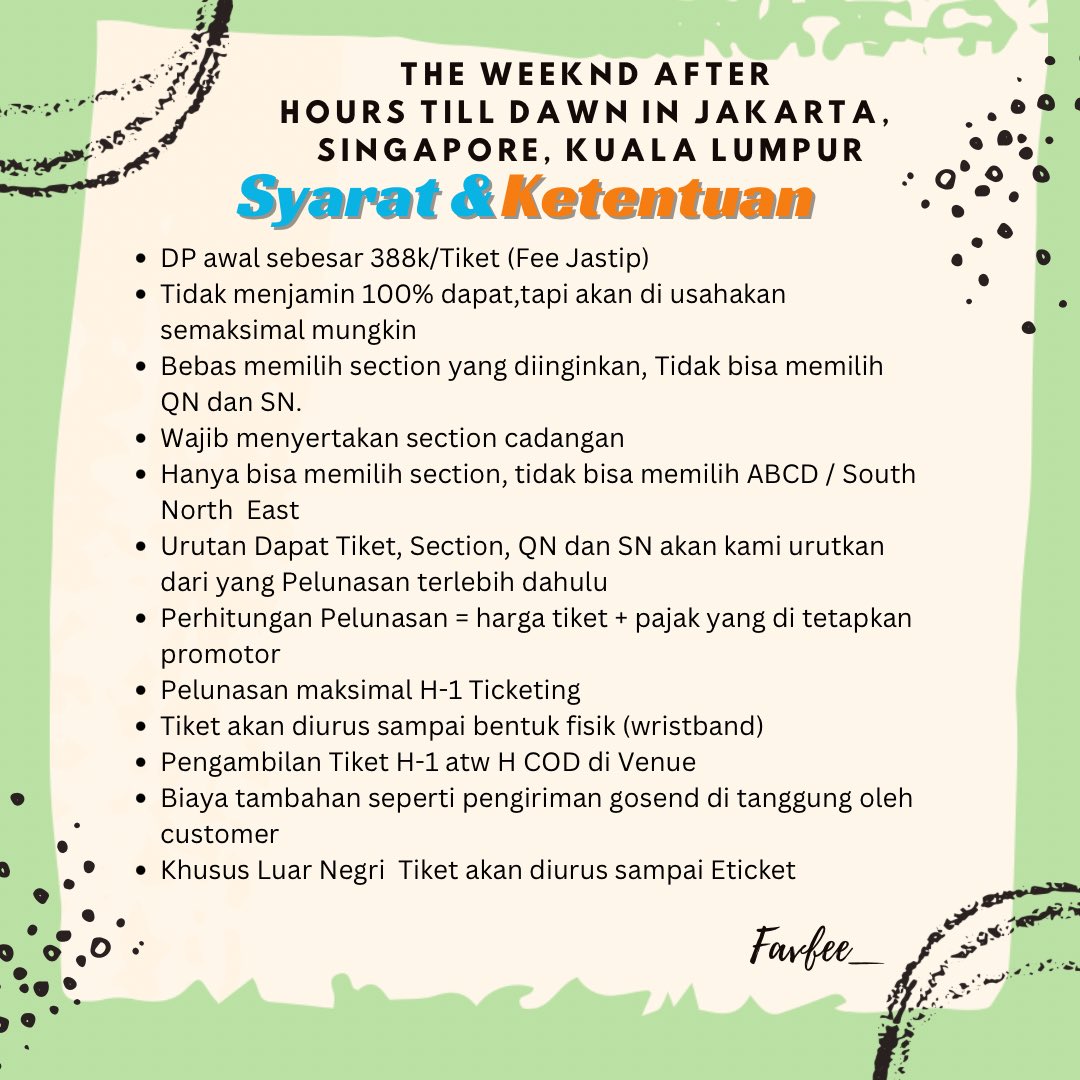 Favfee__'s tweet photo. JASA WAR JASTIP THE WEEKND : AFTER HOURS TILL DAWN IN JAKARTA, SINGAPORE , KUALA LUMPUR by Favfee_ 

‼️LIMITED SLOT‼️

💃Fee Jastip Tiket 388k
✅ DIURUS SAMPAI FISIK

FIX ORDER
https://t.co/WwGOfEgF3Z

DM For More Info
https://t.co/MykTA32Ed4

#wts wtb jastip jaswar https://t.co/cSdXxISbS5