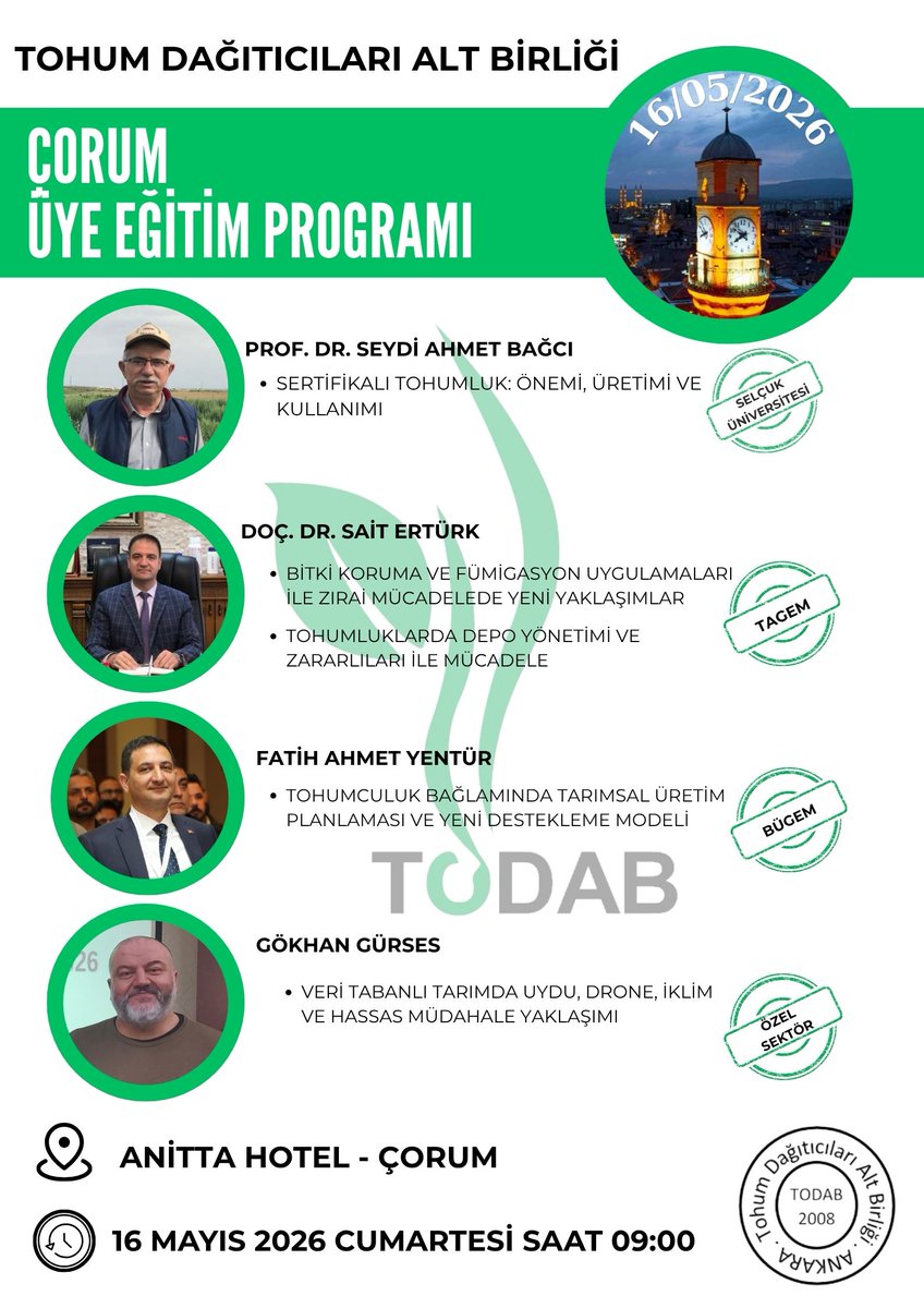 todab_info's tweet photo. TODAB ÜYE EĞİTİM PROGRAMLARIMIZDA BİR SONRAKİ DURAĞIMIZ ÇORUM

16 Mayıs 2026 Cumartesi günü saat 09:00’da gerçekleştirilecek olan TODAB Üye Eğitim Programı, Anitta Hoteli’nde düzenlenecektir. https://t.co/QqlU1IeAn8