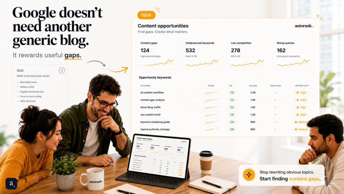 autorank_so's tweet photo. Another generic blog won’t win if Google already has better answers.
Find the gaps.
Answer what others missed.
Capture the traffic.
👉 https://t.co/irKVtNk4rw
#AutoRank #SEO #ContentMarketing #SearchDemand https://t.co/cH4CyUjUeP