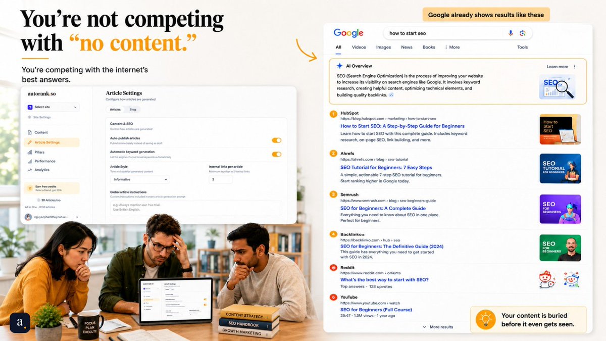 autorank_so's tweet photo. Another generic blog won’t win if Google already has better answers.
Find the gaps.
Answer what others missed.
Capture the traffic.
👉 https://t.co/irKVtNk4rw
#AutoRank #SEO #ContentMarketing #SearchDemand https://t.co/cH4CyUjUeP