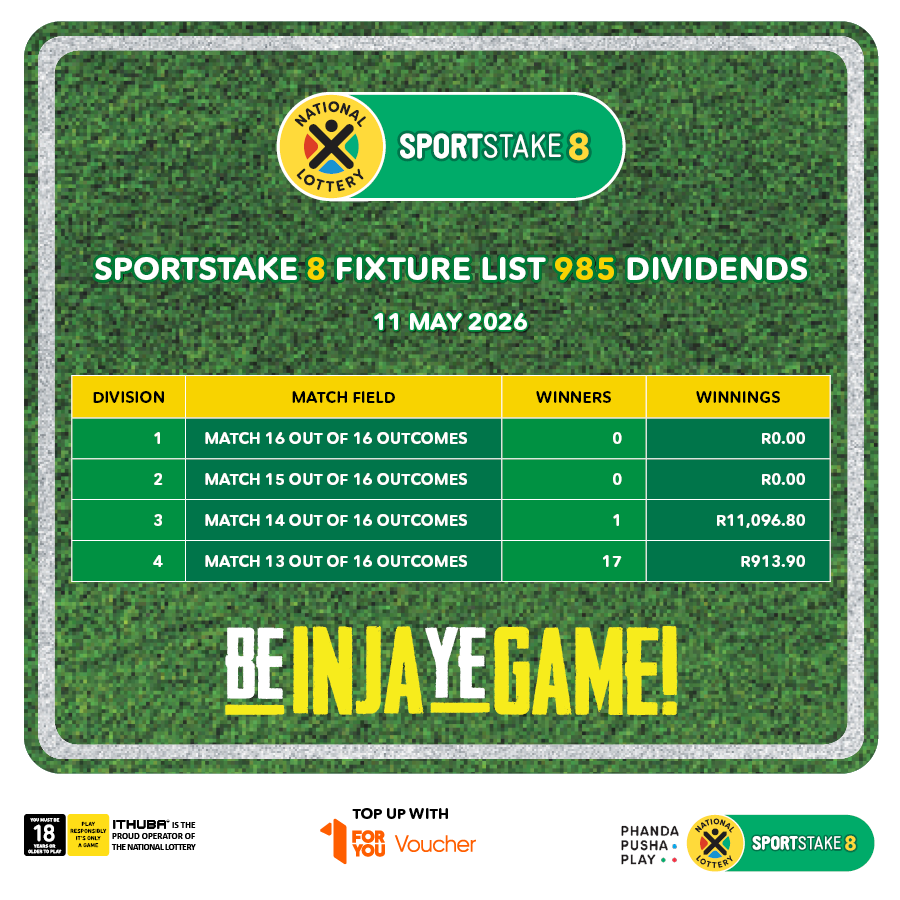 sa_lottery26's tweet photo. Here are the #SPORTSTAKE8 #FixtureResults, #Dividends for list 985 & #Fixturelist 986 with an estimated Jackpot of R810,000. #BeInjaYeGame!
Players must be 18 years or older, play responsibly. ITHUBA is the proud operator of the National Lottery. https://t.co/rNYf9nQDKw