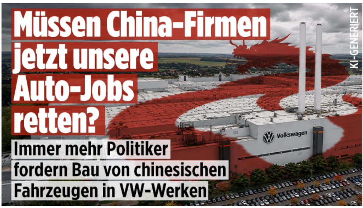 1. Die deutsche wirtschaftliche Selbstaufgabe!

2. Die Chinesen werden nicht kommen! Warum auch!

3. Volkswagen wird wohl in Kürze massiv reagieren!