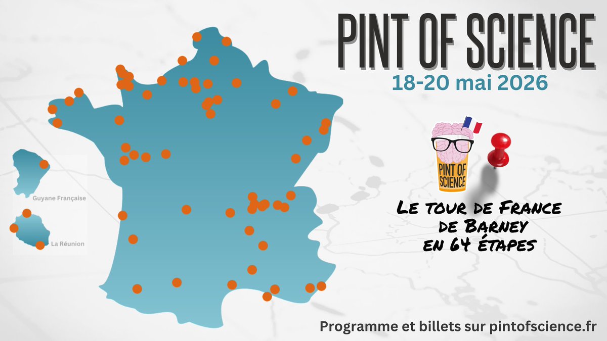 pintofscienceFR's tweet photo. ✨ À 1 semaine du festival, découvrez le Tour de France de Barney en 64 étapes sur notre carte interactive https://t.co/ESV7SnmDdk
📅 18-20 mai 2026
🎟️ Programme et billets : https://t.co/rARpYC5loj

 64 villes et villages se préparent, quelle étape allez-vous suivre ? 💥 https://t.co/vMs9dNou5t