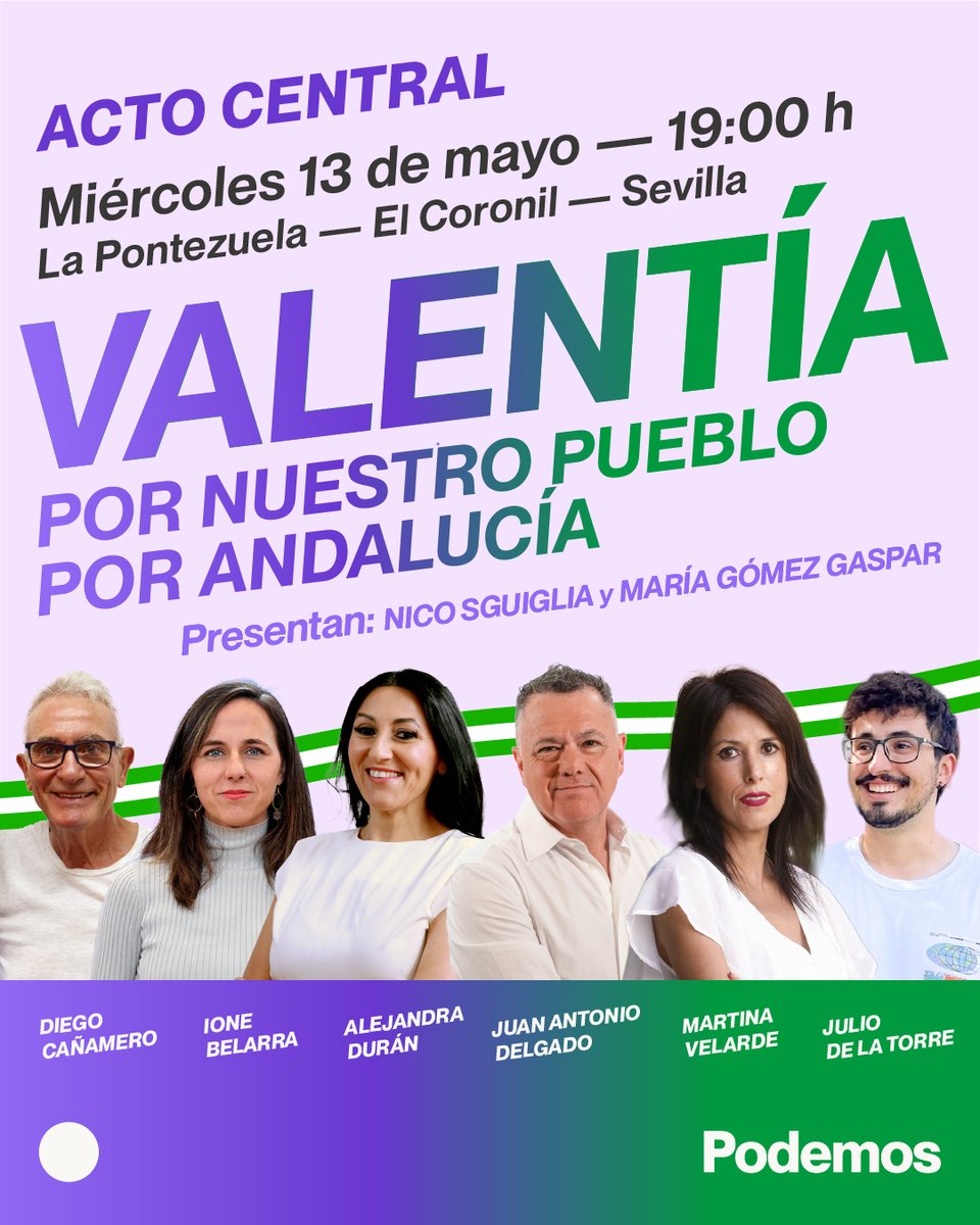 PODEMOS's tweet photo. ¡Con valentía, por nuestro pueblo!
Este miércoles nos encontramos en El Coronil, Sevilla, en nuestro acto central con @ionebelarra, @MartinaVelardeG, @JA_DelgadoRamos, @DcaValle, @AleDuranGR y @TorreJuliodela para recuperar Andalucía de las garras de las derechas.

¡Te esperamos! https://t.co/LtTg1JwRef