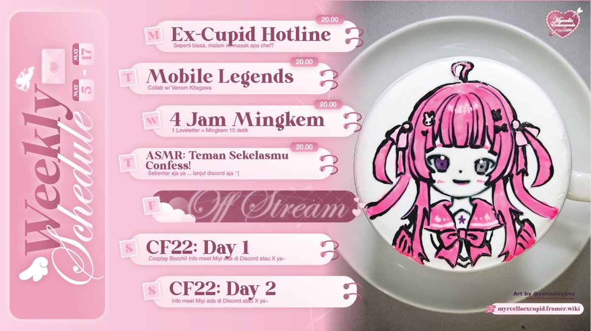 myrcellaXcupid's tweet photo. Here is my hashtags!
General #MyrcellaExCupid
Live #CallMyrCella
Fanart #MyrcellArt
Clips #CupidClips
Meme #MemeCella

Oshi Mark 🏹💘
Famname #Milafs

Ceritain curhatan kalian ke:
https://t.co/JTsfuvgvyq

Weekly Schedule! https://t.co/ScksG9xSmm