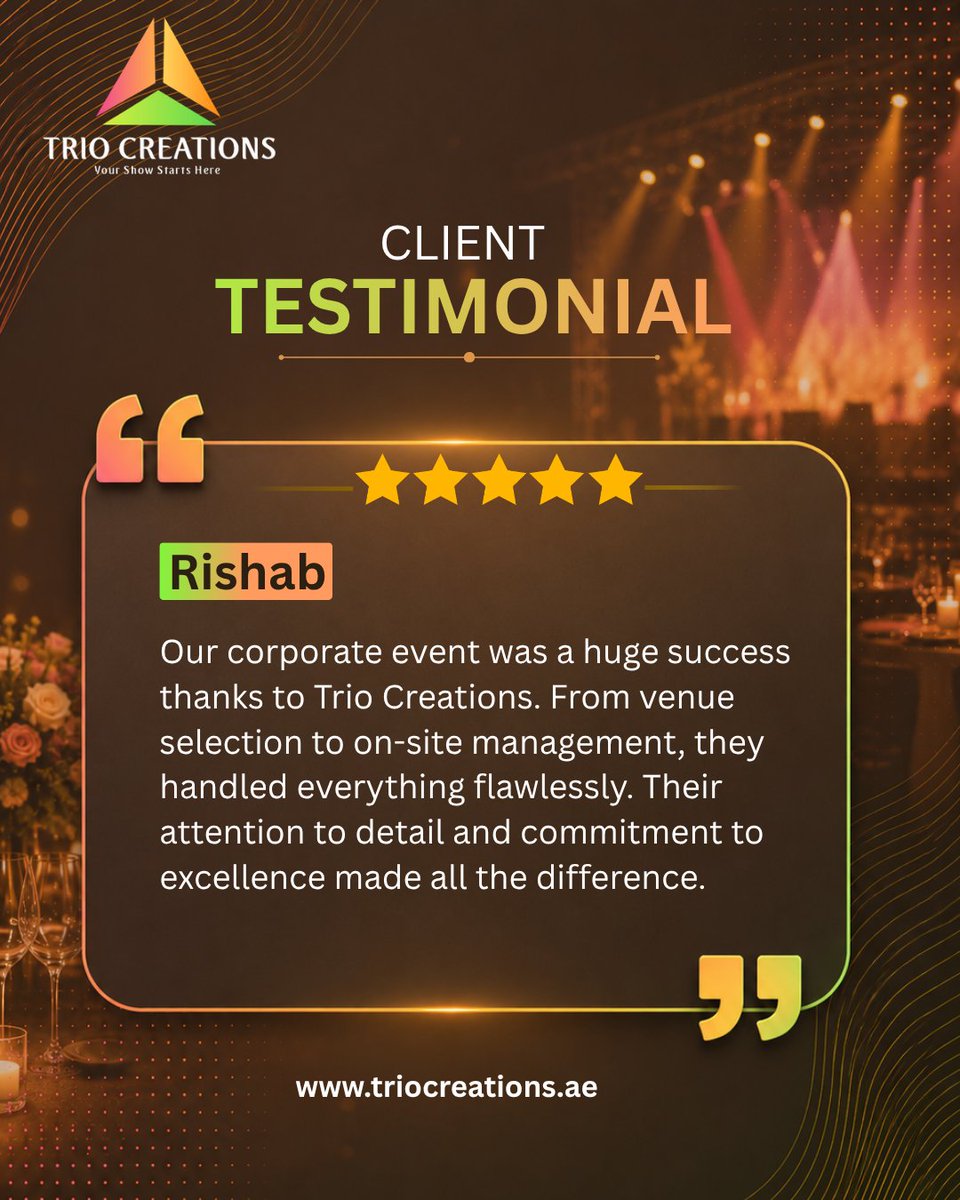 triocreations's tweet photo. 🌟 “Their attention to detail made all the difference!”
Thank you for the amazing feedback 💼✨

🌐https://t.co/jsgYghP5R3

#EventManagement #CorporateEvents #ClientReview #UAEEvents #EventPlanner #LuxuryEvents #BusinessEvents #TrioCreations https://t.co/JZJiCb3yQa