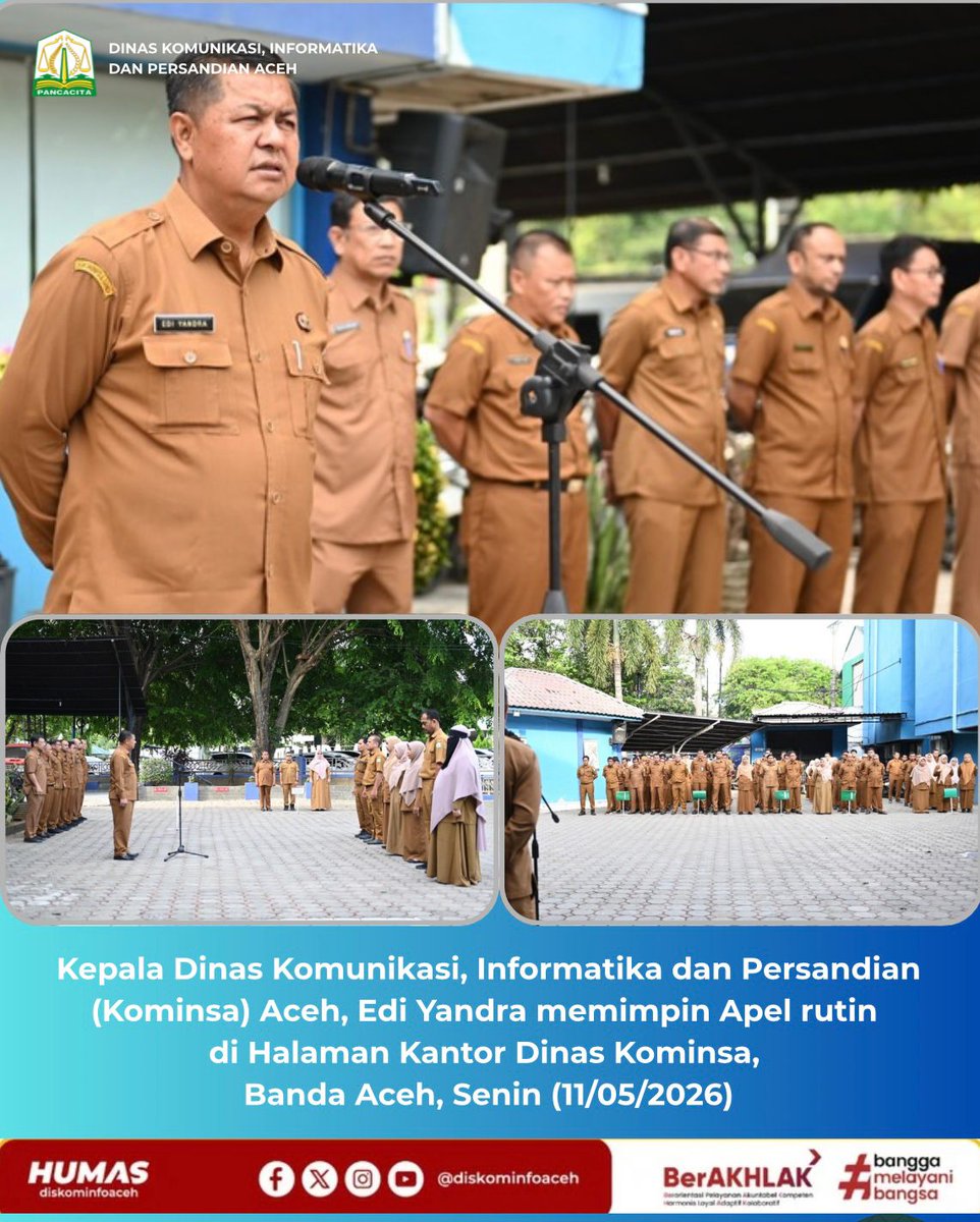 DiskominfoAceh's tweet photo. Kepala Dinas Komunikasi, Informatika dan Persandian (Kominsa) Aceh, Edi Yandra memimpin Apel rutin 
di Halaman Kantor Dinas Kominsa, 
Banda Aceh, Senin (11/05/2026) https://t.co/7ZWsmXEZLT