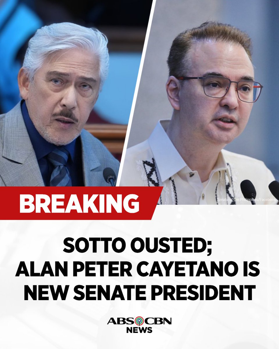 ABSCBNNews's tweet photo. BREAKING: Senator Alan Peter Cayetano has been elected as new Senate president, replacing Senator Tito Sotto. https://t.co/17ZnAxKSq6