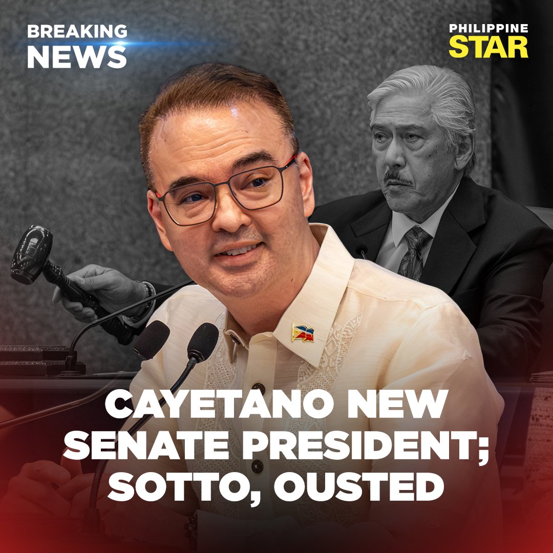 PhilippineStar's tweet photo. BREAKING: With 13-9 votes, 2 abstentions, Senator Allan Peter Cayetano is elected as the new Senate President on Monday. https://t.co/EOVYyhzBry