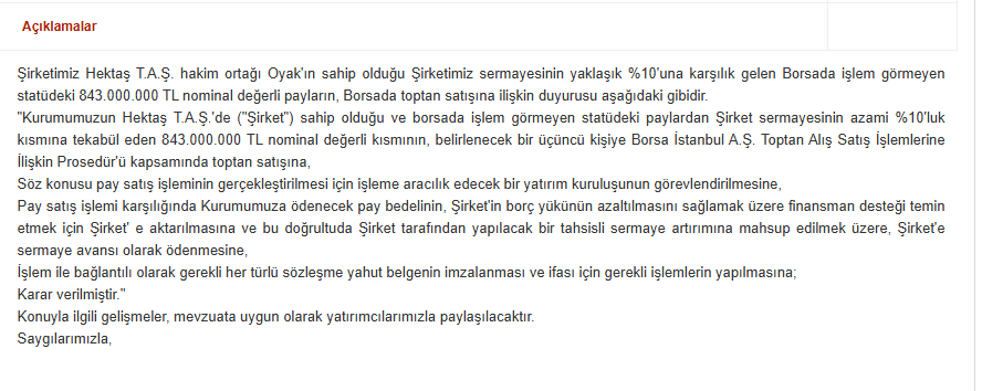 alisermaye's tweet photo. #KAP 
#OYAK  imtiyaz istediğinde böyle bir satış beklentimiz vardı. Beklenen gerçekleşti. Oyak elindekilerin %10unu satışa çıkardı(843 milyon lot)

Kısada baskı yaratacak olsada amacı çok iyi. Gelen para borcunu ödemesi için #Hektaş'a aktarılacak.

#ferbis #borsa #birt100 #xu100 https://t.co/GaFONnMcTp