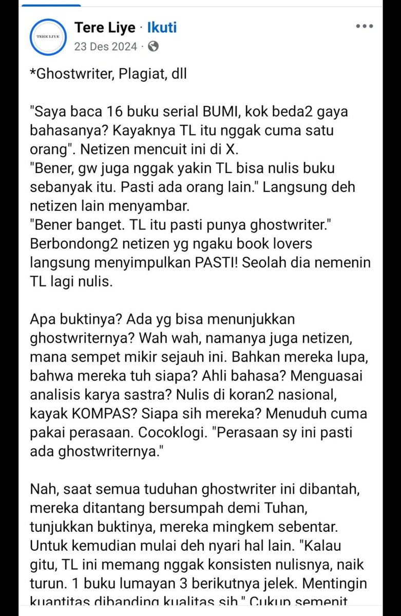 maspay19's tweet photo. @purrrfaits Org2 jaman srkg, ramai2 menuduh seorg penulis memakai ghostwriter tanpa sedikitpun berusaha membuktikan tuduhannya. Pdhl itu tuduhan serius. mirisnya, ybs sdh membantahnya.

Pdhl penuduhnya itu hidup sejaman dg TL,kalian itu punya cukup waktu utk membuktikan tuduhan kalian. https://t.co/x97xItHm2J