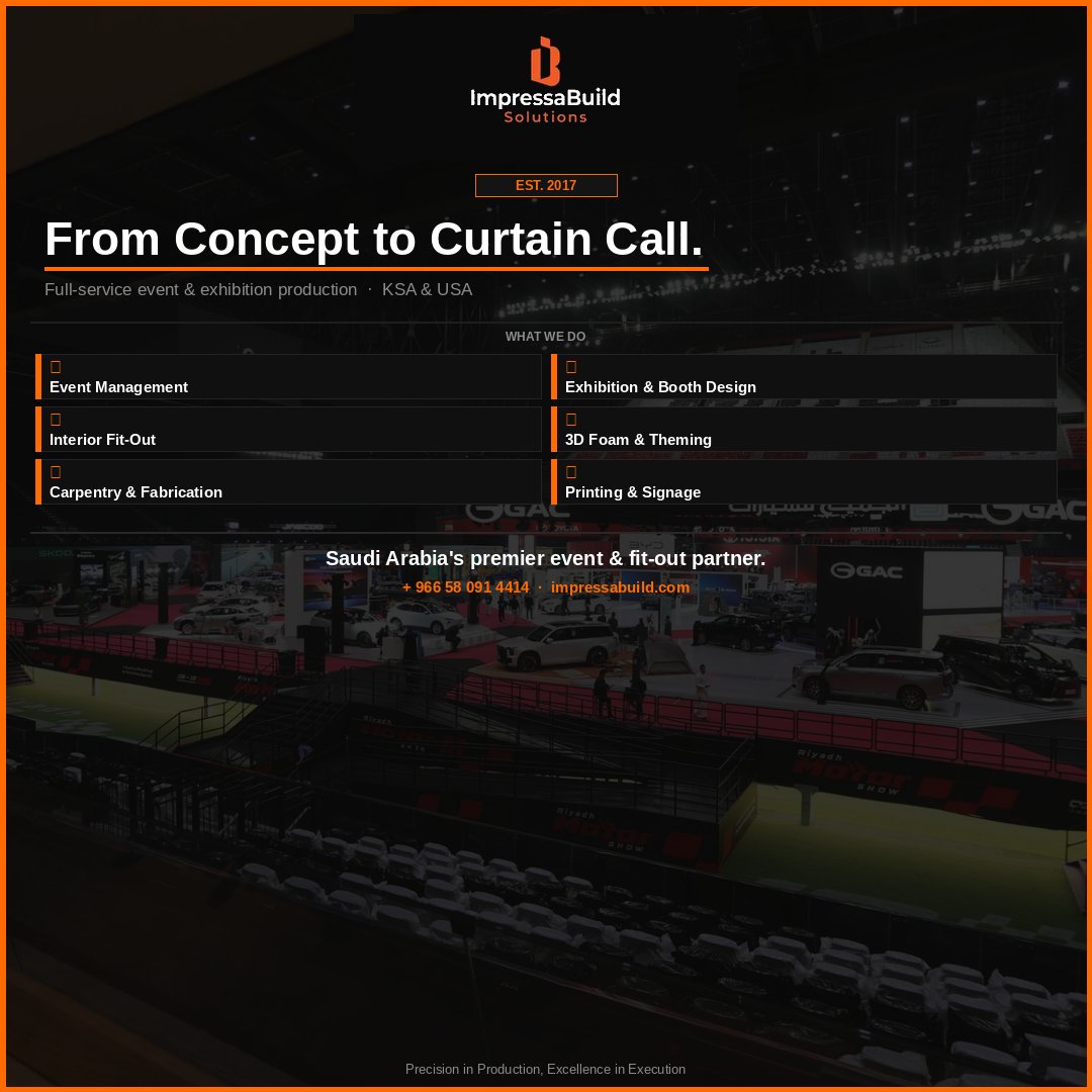 impressabuild's tweet photo. Here you go:

From concept to curtain call — we handle every detail. 🎯

ImpressaBuild Solutions is a full-service event & exhibition production company, established in 2017 and proudly operating across Saudi Arabia and the United States.

Whether it's a world-class exhibition booth, a large-scale event, an interior fit-out, or custom fabrication — we bring your vision to life with precision, creativity, and zero compromise.

🌐 https://t.co/eemIytsbXi

Precision in Production, Excellence in Execution.

#ImpressaBuild #EventManagement #ExhibitionDesign #BoothDesign #InteriorFitOut #CustomFabrication #SaudiArabia #Jeddah #Riyadh #EventProduction #FitOut #AboutUs #FullService