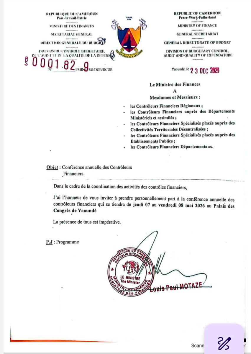BudgetGenerale's tweet photo. 🚨 INFORMATION IMPORTANTE  La conférence annuelle des contrôleurs financiers, initialement prévue les 07 et 08 mai 2026, a été reportée au mardi 12 et mercredi 13 mai 2026. Le lieu reste inchangé (Palais des congrès de Yaoundé). https://t.co/9IpXfsN4Gk