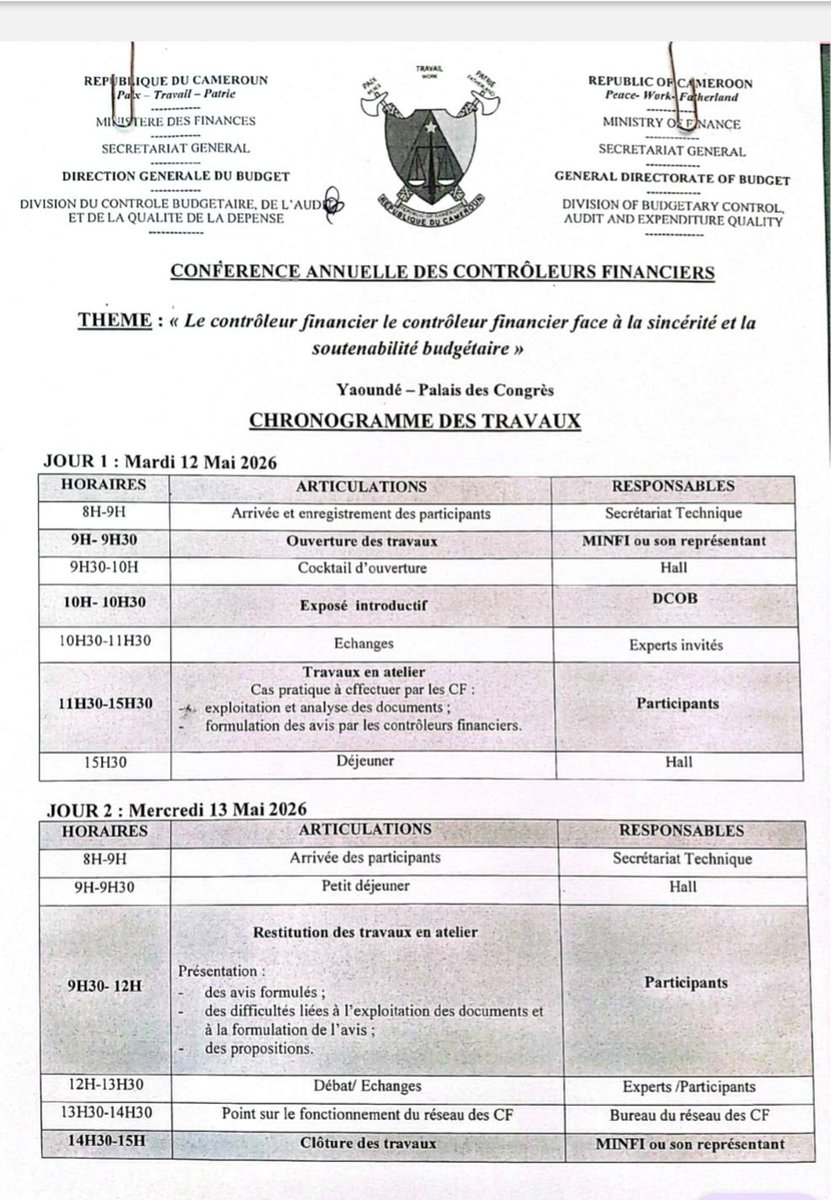 BudgetGenerale's tweet photo. 🚨 INFORMATION IMPORTANTE  La conférence annuelle des contrôleurs financiers, initialement prévue les 07 et 08 mai 2026, a été reportée au mardi 12 et mercredi 13 mai 2026. Le lieu reste inchangé (Palais des congrès de Yaoundé). https://t.co/9IpXfsN4Gk