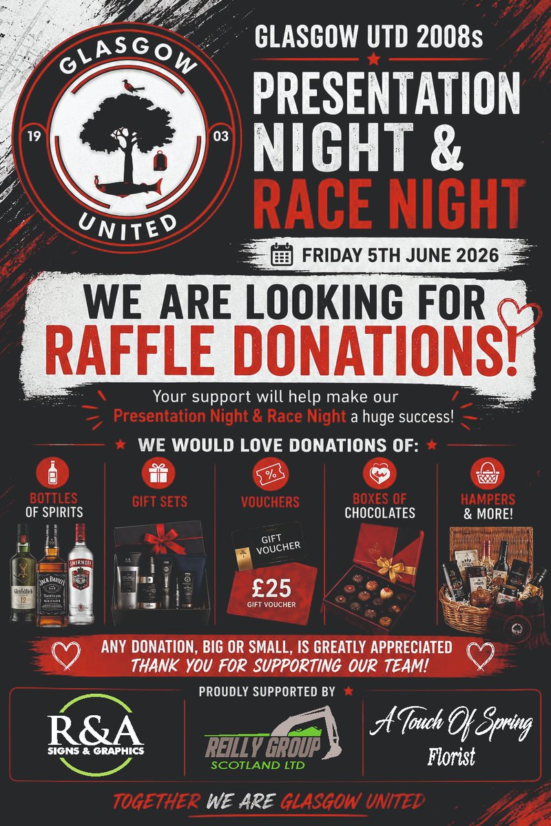 2008United's tweet photo. We are currently on the look out for donations for our raffle at our presentation/racenight so if any you kind people out there wish to donate we would be greatly appreciative 👍🏻👌🏻🤝🏻no gift at all will be deemed small anything at all 👍🏻👍🏻

Thank you all 🔴⚪️⚫️ https://t.co/LYerqZQGvN