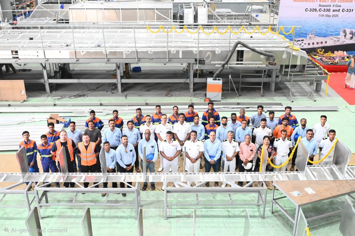 IndiaCoastGuard's tweet photo. Girder Laying Ceremony for the 4th, 5th & 6th indigenously built Air Cushion Vehicles (#ACV) of @IndiaCoastGuard was held today at Chowgule’s Rassaim Yard, #Goa, in the presence of Chief Staff Officer (Tech), #ICG Regional HQ (West).The contract for six #ACVs, signed with #MoD on 24 Oct 2024, marks a major milestone under #AatmanirbharBharat, strengthening #India’s path to self-reliance in advanced maritime platforms. Built with over 50% indigenous content, these state-of-the-art hovercraft will boost #MaritimeSecurity, enhance rapid response & operational agility across India’s vast coastline.
@ChowguleG