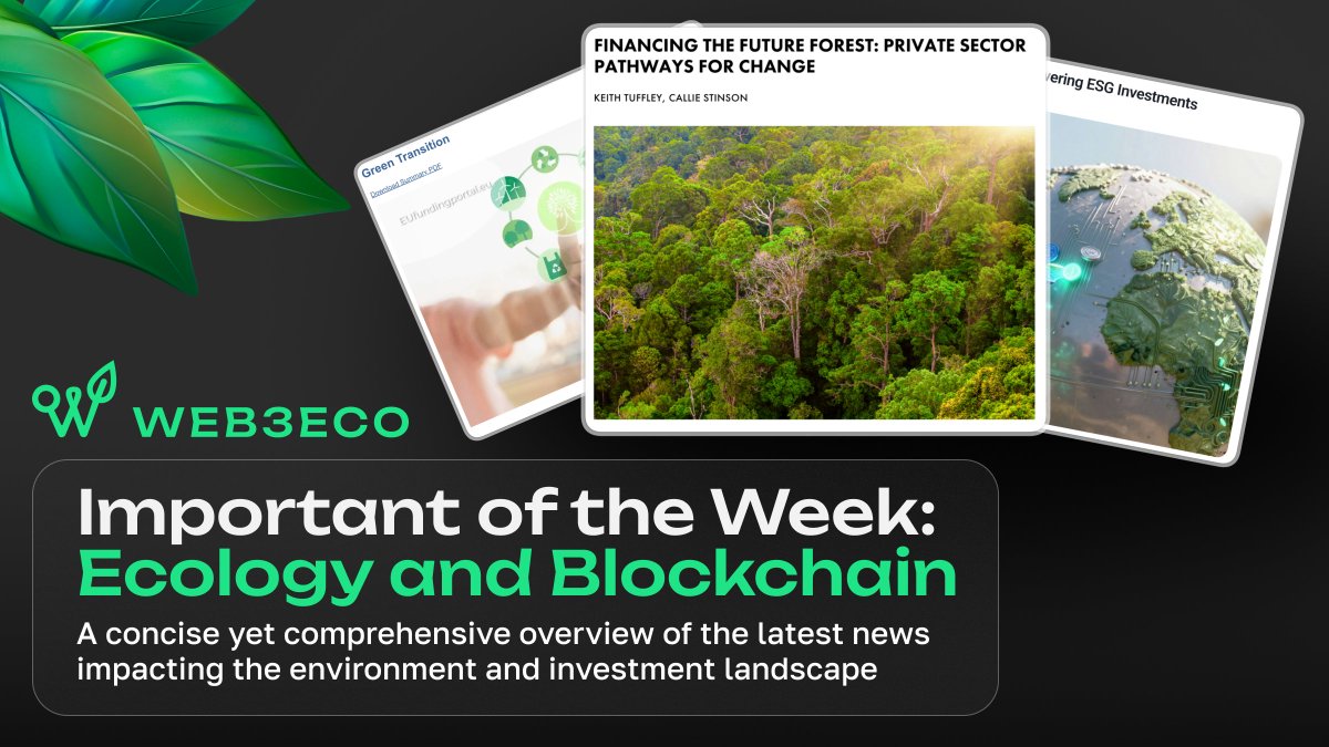 Web3Eco's tweet photo. 🌿 Weekly highlights: Ecology, capital and tokenization

This week once again showed how quickly environmental assets are becoming part of the global investment market.

1⃣The EU continues expanding climate financing through programs like LIFE and Horizon, allocating millions of euros toward circular economy projects, sustainable infrastructure, and climate adaptation initiatives.

2⃣At the same time, industry groups and investment funds are increasingly emphasizing the role of private capital in forestry, carbon markets, and natural asset development. 

Large-scale environmental transformation is no longer driven only by governments.

3⃣Another important trend is the growing integration of tokenization into ESG and environmental markets. 

More projects are exploring blockchain infrastructure for carbon credits, natural resources, and other real-world environmental assets.

Step by step, the connection between #RWA, sustainability, and institutional capital is becoming stronger.

At Web3Eco, we see this as part of a much bigger shift where real assets, agricultural infrastructure, and tokenization gradually form a new layer of the global investment economy 🌍